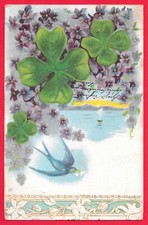 CARTOLINA IN RILIEVO - FIORI - QUADRIFOGLIO VIOLA RONDINE PAESAGGIO