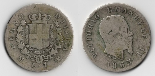 Italia lira 1863 scudo sul - italia,