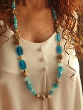 ❤? COLLANA LUNGA DONNA PIETRE DURE AZZURRO E CERAMICA MESSICANA BEIGE. STUPENDA
