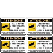 N°4 ADESIVO Cartello area videosorvegliata sottoposta videosorveglianza 15X10 CM