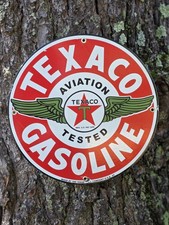 INSEGNA POMPA STAZIONE DI SERVIZIO METALLO PORCELLANA BENZINA AVIAZIONE TEXACO VINTAGE. Circa 12