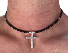 Collana da uomo rosario con croce di pietre dure onice nero in acciaio inox