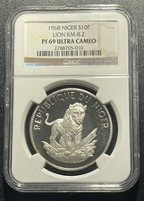 1968 Niger 10 Franchi NGC PF69 Ultra Cameo Argento Proof Leone Conio 1000