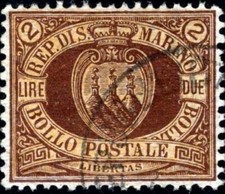 San Marino - 1892/94 - Stemma  - Lire 2 bruno su arancio - usato - Sassone n.21