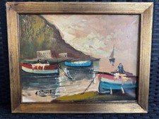 ANTICO DIPINTO OLIO SU TELA - PAESAGGIO DI MARINA - BARCHE - FIRMATO A. PIRONTI