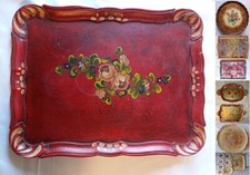 VASSOIO IN LEGNO LACCATO E DECORATO, fondo rosso, cm 41  x 32 usato, e altri