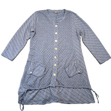 Maglione cardigan lungo Zashi Lagenlook XL blu a righe con bottoni Artsy Boho morbido