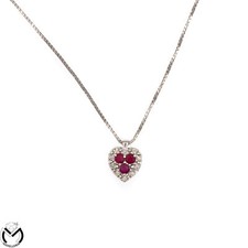 Collana in oro bianco 18 Kt 750 cuore con rubini 0,15 ct e diamanti 0,10 ct -