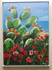 Quadro PAESAGGIO SICILIANO dipinto su tela cornice legno BIANCA 59X79CM