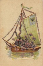 1-28) CARTOLINA ILLUSTRATA BARCA CON FIORIE IN RILIEVO VIAGGIATA 