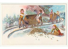 In Rilievo antica cartolina augurale natalizia bambini miniera monete d'oro