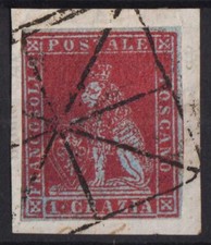 TOSCANA 1851 1 CRAZIA CARMINIO SU GRIGIO N.4d US. ANNULLO MUTO A RAGNO