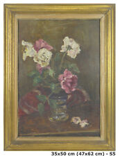 QUADRO ANTICO FIRMATO FLOREALE FIORI ROSE DIPINTO AD OLIO SU TAVOLA S5