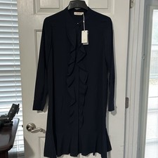Abito Tory Burch Jane taglia 12 blu navy floreale manica lunga volant nuovo con etichetta abbigliamento da lavoro
