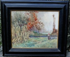 ANTICO QUADRO DIPINTO ACQUERELLO A. Pasetto VEDUTA PAESAGGIO CONTADINA TACCHINI 