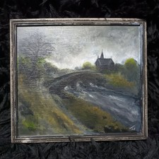 Paesaggio notturno chiesa autunnale impressionista dipinto olio su tavola firmato