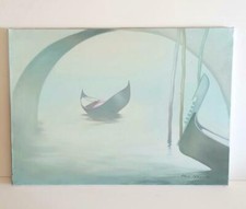 Dipinto TEL0125 tela su telaio 70x50 con certificato. Barca in un velo di nebbia