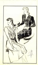 1939 Moda donna ANNI '30 Abiti da giorno manica lunga Bozzetto AUTOGRAFO