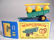 Matchbox RW 51B Tipping Trailer verde fusti ancora sul ramo in ghisa perfetto in scatola "E"