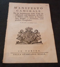 1750 MANIFESTO CAMERALE TASSA PESI E MISURE GRUGLIASCO  STAMPERIA REALE TORINO
