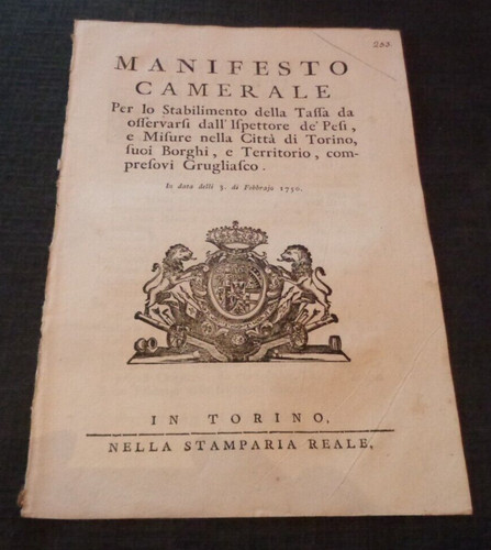 1750 manifesto camerale tassa - camerale,