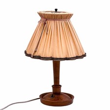 Vintage Lampada da Tavolo Con Paralume Tessuto & Spago Legno, Tornito 50er Anni