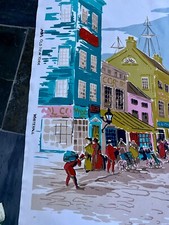 Fishermans Wharf Nautico Old New York Mid Century Barkcloth Epoca Tessuto Vintage