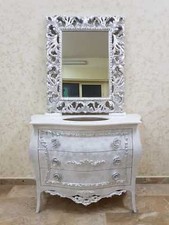 MOBILE BAGNO E SPECCHIO IN LEGNO BIANCO FOGLIA ARGENTO CON CRISTALLI E TOP MARMO