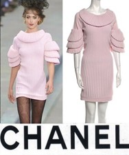 Abito da festa 6K Chanel vintage 2009 rosa in maglia con volant 38 40 6 8 logo vintage 09p S M