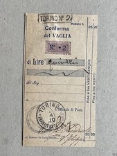 O) Intero postale ricevura Conferma Vaglia Torino 1910