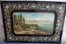 ANTICO DIPINTO OLIO SU VETRO-VEDUTA DAL MARE CITTA' DI TRIESTE CON MONTI-1880