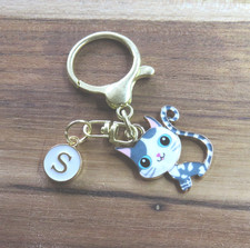 Bijou de sac porte clés chat bleu en acier inoxydable personnalisé initiale