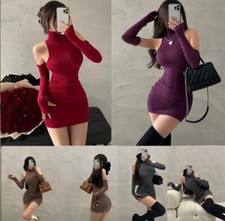 Robe Femme Sexy moulante Mini Jupe Épaule Nu Gant Mitaine Haut  Col Roulé 3pcs