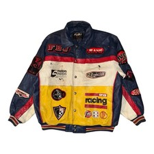Giacca pelle vintage FUBU uomo XL blu navy anni 90 racing patchwork hip hop invecchiata