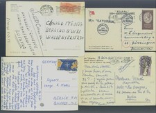 4 cartoline affrancate 25 L. isolati viaggiate per estero anni 1953/60.