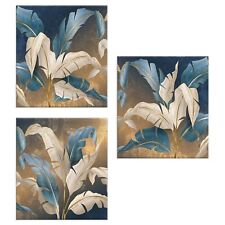 Set 3 pezzi Quadri su tela tema foglie blu e oro 38x38 cm LEAVES WHITE BLUE
