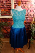 Abito Vintage Originale Anni 50 Blu Turchese Satin Pizzo Rockabella Da Sera S