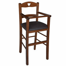 Seggiolone in legno color noce scuro con seduta imbottita in similpelle marrone