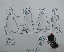 Sergio DANGELO (Milano 1932) LES PROMENEURS Tecnica Mista su carta cm 23x29