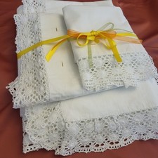 Set Lenzuolo Matrimoniale E Federe Pizzo Tombolo In Cotone Bianco, Nuovo Da...
