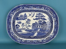 Antico Vassoio Ceramica Inglese Grande Piatto Blue Willow 49.5cm Epoca XIX Sec.