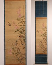 Rotolo giapponese da appendere dipinto a mano 'Fiore e uccellino' KAKEJIKU epoca Meiji XIX secolo