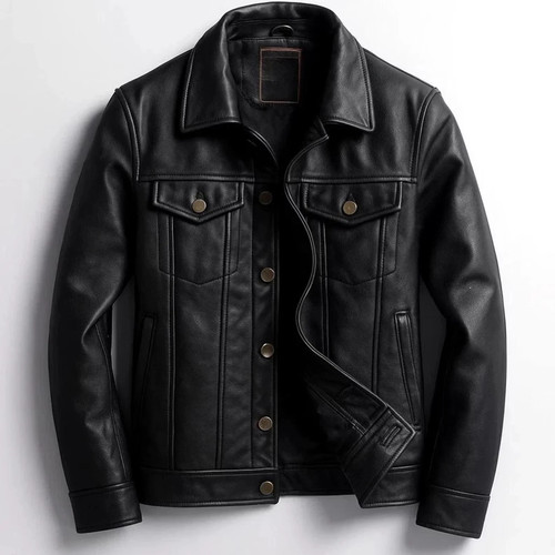 Men black leather jacket - black,