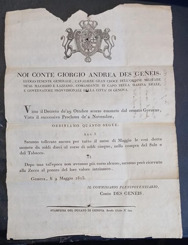 1815 editto genova - genova, conte