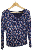 Armand Ventilo Womens Long Sleeve Cowl Neck Top Boho Floral Pattern Large Blue