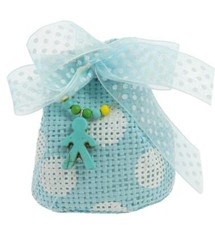SACCHETTO BATTESIMO PORTACONFETTI CELESTE POIS SACCOCCIO BOMBONIERA BIMBO JUTA