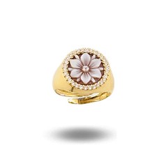 Anello chevalier regolabile Argento925 dorato cammeo fiore inciso a mano zirconi