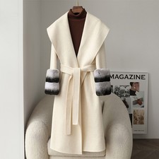 Cappotto donna cashmere lungo vera lana pelliccia cappotto invernale rex pelliccia coniglio polsini giacca