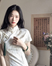 Abito donna collo mandarino lungo Cheongsam Qipao floreale manica corta retrò 