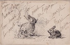 # ANIMALI - AUGURALI: CARTOLINA FATTA IN "CASA"- 2 CONIGLI DISEGNATI IN CHINA